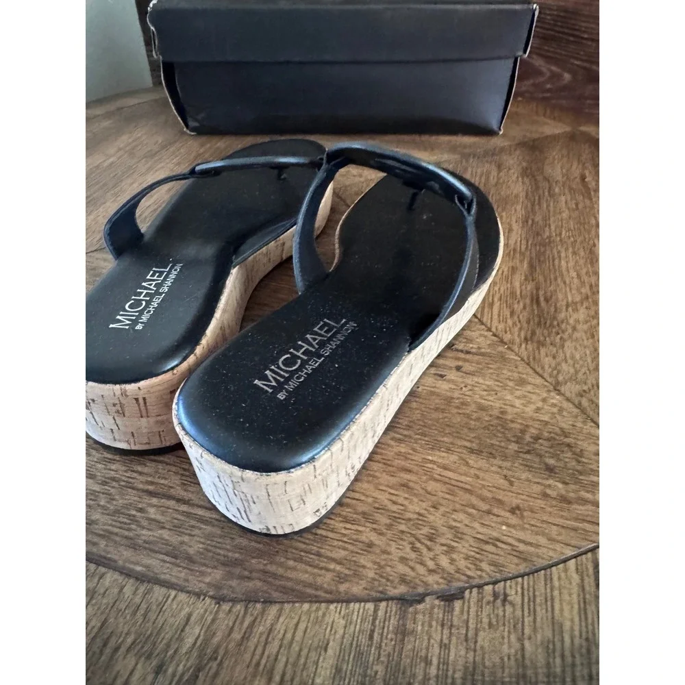 Michael by Michael Shannon Presley Black Cork Wedge Thong Sandals Womens 8 20700